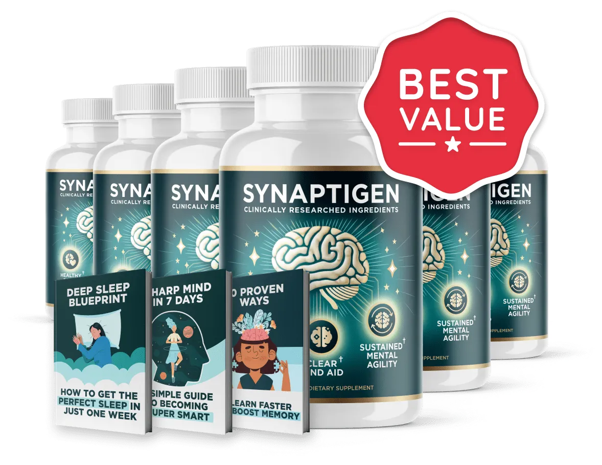 Six bottles of Synaptigen with three bonus guides