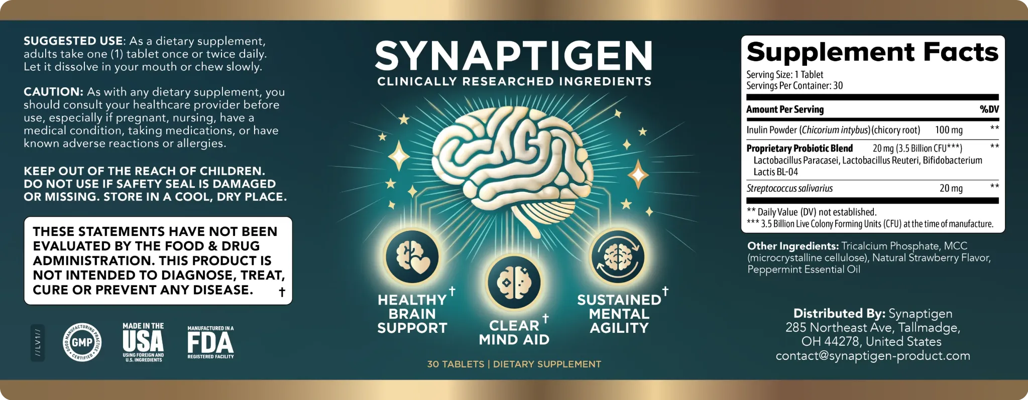Official Synaptigen Supplement Facts and suggested use label